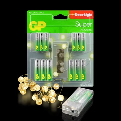 Новорічний набір Батарейки лужні GP Super Alkaline G-TECH, 12шт. AA + 12шт. AAА + LED гірлянда
