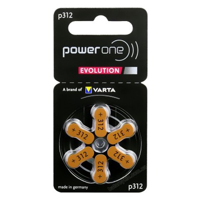 Батарейки Power One EVOLUTION 312 (PR41) для слухового апарату, 6 шт./уп.