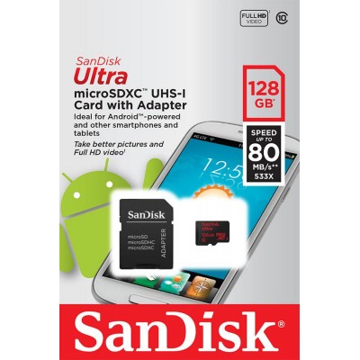 Карта пам'яті SanDisk 128GB microSDXC C10 UHS-I 80MB/s Ultra Android + SD