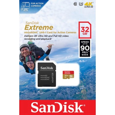 Карта пам'яті SanDisk 32GB microSDHC C10 UHS-I R90/W40MB/s 4K Extreme Action + SD