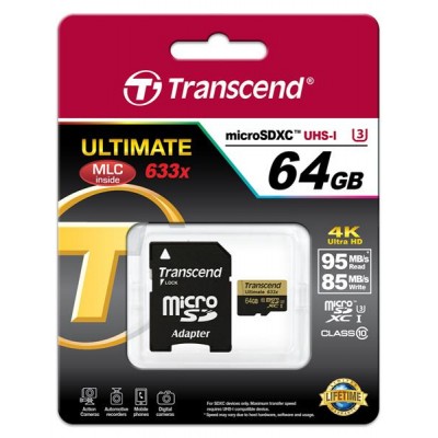 Карта пам'яті Transcend 64GB microSDXC C10 UHS-I U3 R95/W85MB/s 4K + SD адаптер Action