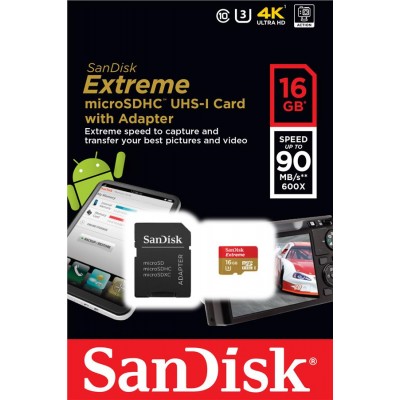 Карта пам'яті SanDisk 16GB microSDHC C10 UHS-I U3 R90MB/s 4K Extreme + SD