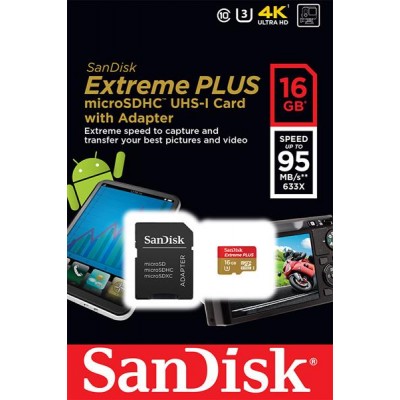 Карта пам'яті SanDisk 16GB microSDHC C10 UHS-I U3 R95MB/s 4K Extreme Plus + SD