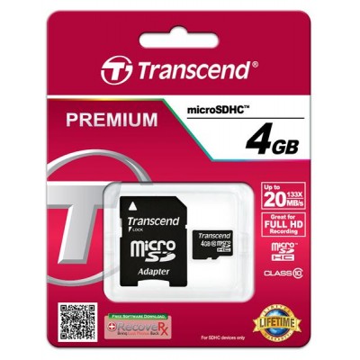 Карта пам'яті Transcend 4GB microSDHC C10 + SD адаптер