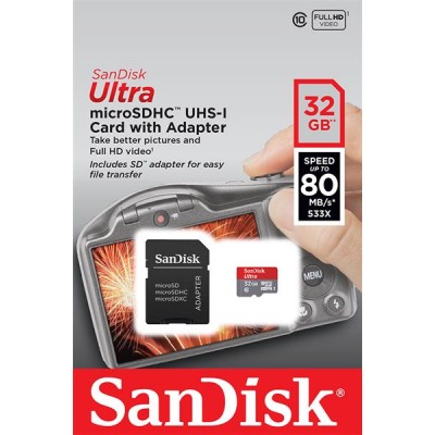 Карта пам'яті SanDisk 32GB microSDHC C10 UHS-I R80MB/s Ultra + SD